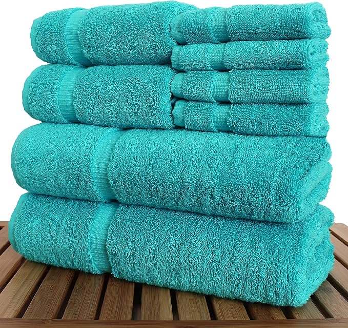 Luxury Hotel & Spa Quality, Highly Absorbent 100% Turkish Cotton, 750+ GSM, Eco Friendly Towel, Bathroom and Kitchen Dobby Border Towels, 2 Bath Towel, 2 Hand Towel, 4 Washcloths (8 Piece, Aqua Blue)