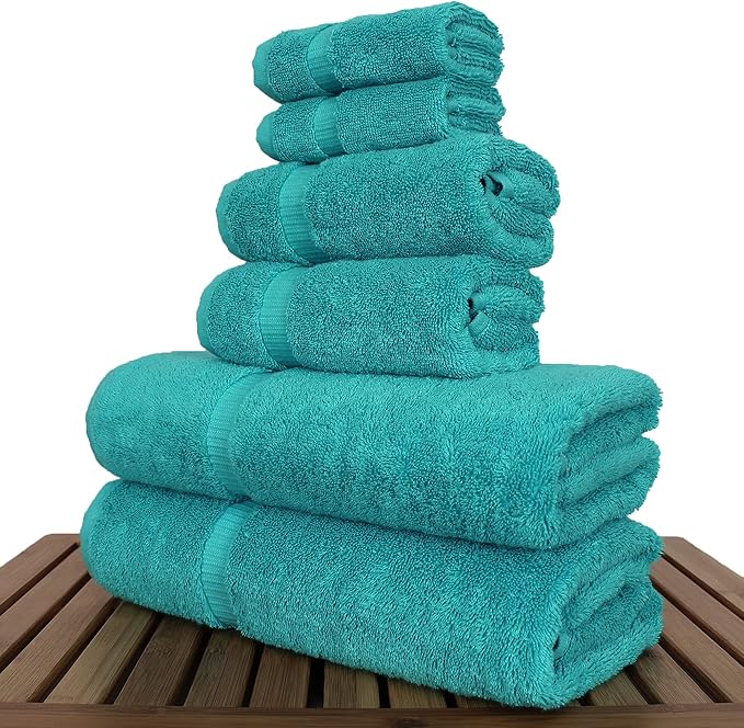 Luxury Hotel & Spa Quality Collection, Highly Absorbent & Quick Dry 100% Turkish Cotton, 750+ GSM, Eco Friendly Towel, Dobby Border Towels, 2 Bath Towel, 2 Hand Towel, 2 Washcloths (6 Piece, Aqua)