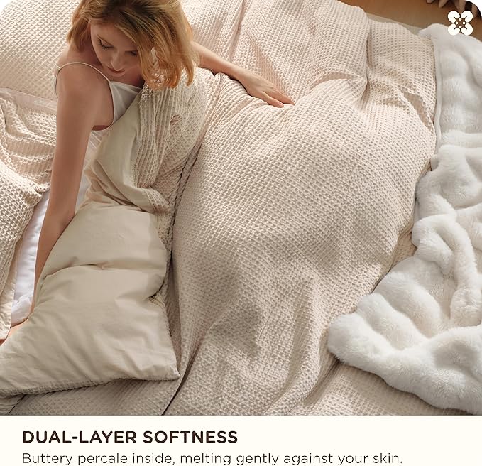 Bedsure Cotton Duvet Cover Full - 100% Cotton Waffle Weave Beige Duvet Cover Set, GentleSoft™ and Breathable Bedding Set for All Season, 3 Pieces, 80"x90"