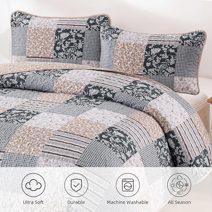 Mybedsoul Patchwork Quilt Set Queen Size, 3 Pieces Blue Brown Floral Plaid Bedspread Coverlet Set, Reversible Soft Microfiber Bedding Set for All Season, Fall Winter Queen 90"x96"