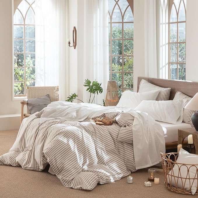 MooMee Bedding Sheet Set 100% Washed Cotton Linen Like Textured Breathable Durable Soft Comfy (Solid Off White, California King)
