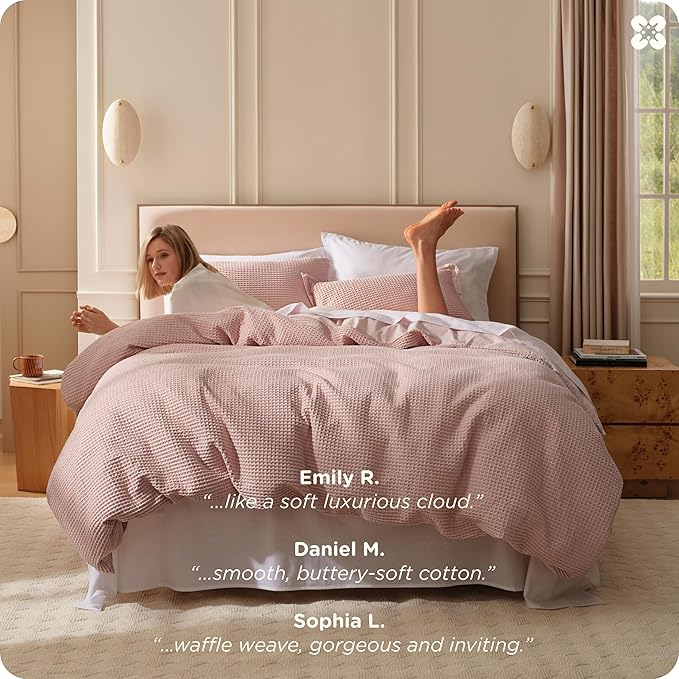 Bedsure Cotton Duvet Cover King - 100% Cotton Waffle Weave Pink Duvet Cover King Size, GentleSoft™ and Breathable Bedding Set for All Season, 3 Pieces, 104"x90"