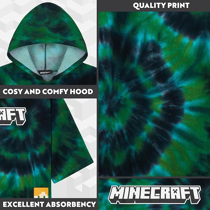 Minecraft Towelling Poncho Kids Teens Hooded Bath Towels Absorbent Beach Towel (Multi Tie Dye, 6-9 Years)
