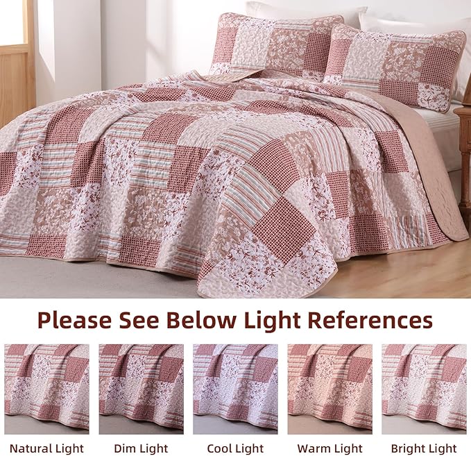 Mybedsoul Patchwork Quilt Set Queen Size, 3 Pieces Pink Floral Plaid Bedspread Coverlet Set, Reversible Soft Microfiber Bedding Set for All Season, Fall Winter Queen 90"x96"