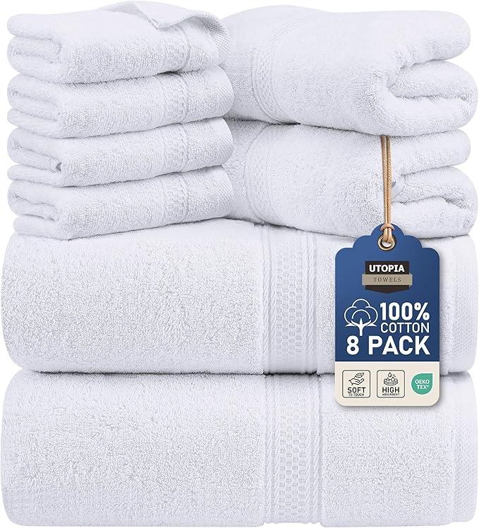 Utopia Towels 8 Piece Premium Towel Set, 2 Bath, 2 Hand, and 4 Wash Cloths, 600 GSM 100% Ring Spun Cotton, Highly Absorbent Towels for Bathroom, Gym, Hotel, and Spa, White
