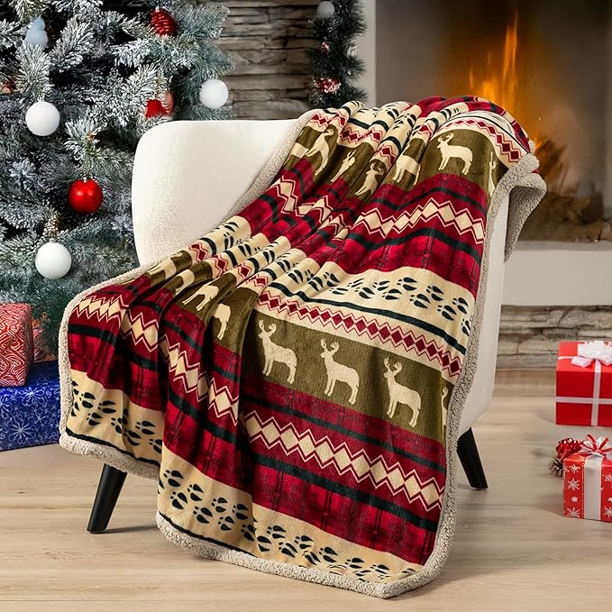 PAVILIA Christmas Sherpa Blanket Throw King Bed| Red Flannel Fleece Christmas Decoration Blanket| Plush, Warm, Soft Cozy Reversible Winter Holiday Blanket 90x108