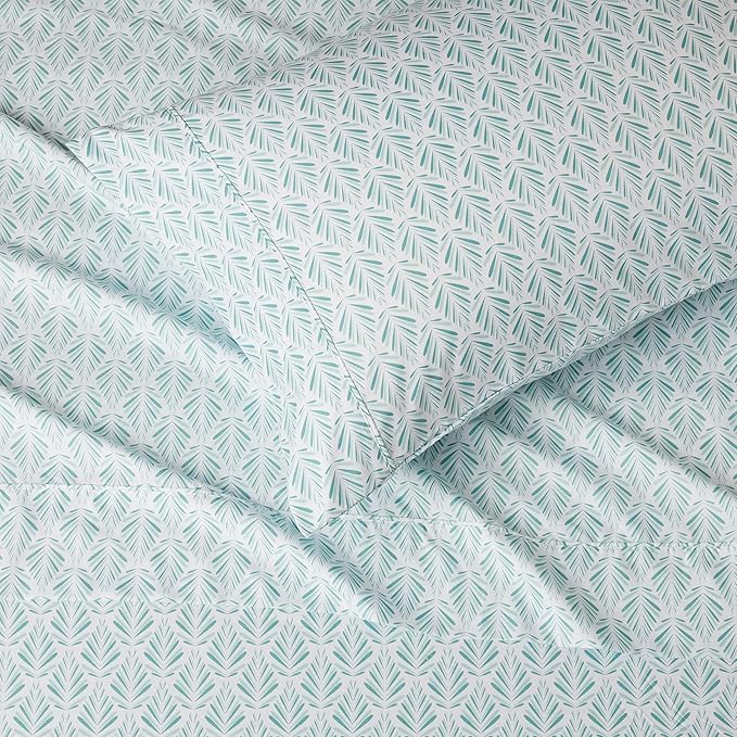 Amazon Basics Lightweight Super Soft Easy Care Wrinkle Free Microfiber 3 Piece Bed Sheet Set with 14-Inch Deep Pockets, Twin, Aqua Fern, Floral, Kids, Men & Women Bedding (Pack of 4)