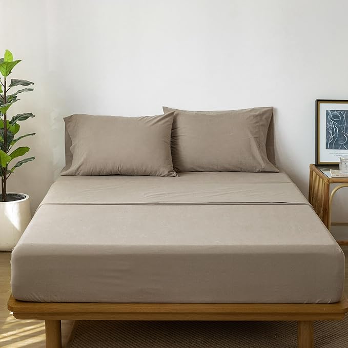 MooMee Bedding Sheet Set 100% Washed Cotton Linen Like Textured Breathable Durable Soft Comfy (Solid Mocha Brown, Twin)