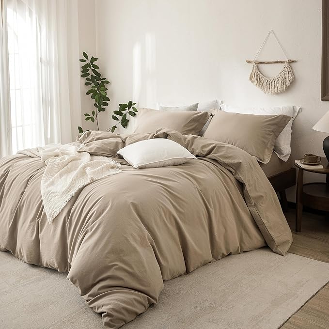 Linen Feel Duvet Cover King Size 104inch x 90inch,100% Washed Cotton Duvet Cover with Zipper Closure and 2 Pillowcases, Color of Mocha Brown