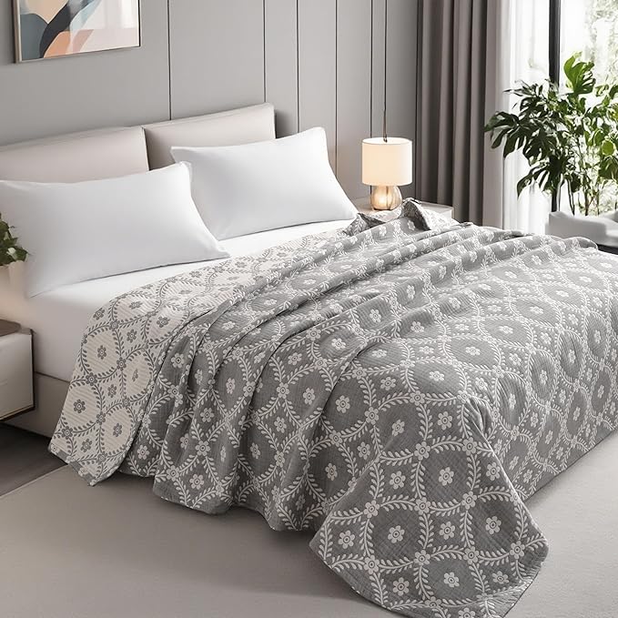 NTBAY 3 Layers Cotton Muslin 68x92 Twin Bed Blanket, Super Soft Breathable Thermal Yarn Dyed Quilt for Adults, Perfect Lightweight Blanket for Couch Sofa Bed All Seasons, Grey Garlands