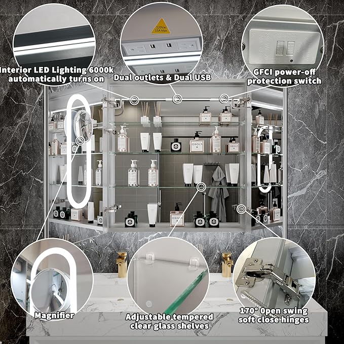 Lighted Medicine Cabinet with Mirror 30"x32" Recessed LED Medicine Cabinet Mirror, Front&Backlit, 3-Color Temperatures, Stepless Dimming, Anti-Fog, Magnifier, 2 Outlets, Storage Shelves, ETL Certified