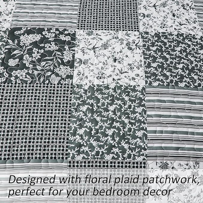 Mybedsoul Black Grey Boho Quilt Set California King Size,3 Pieces Plaid Floral Bedspread Coverlet Set for All Season,Patchwork Reversible Bedding Set 106"x 96"