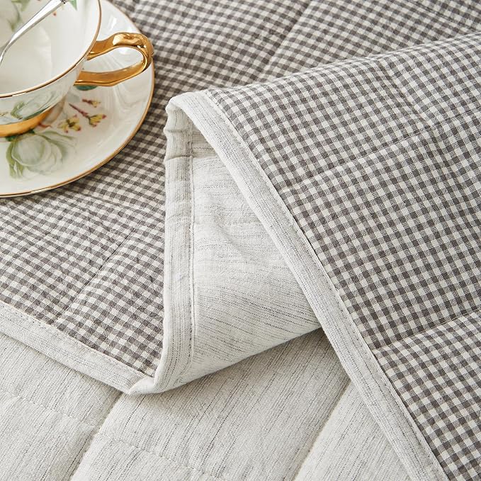 White Quilt King Size， Cotton Linen King Size Quilt Set，3-Pieces Bed Spreads with Grey Plaid Coverlet Lightweight Comforter with 2 Pillow Shams