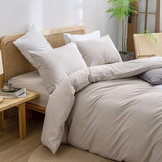 BESTOUCH Duvet Cover Set 100% Washed Cotton Linen Feel Super Soft Comfortable Chic Lightweight 3 PCs Home Bedding Set Solid Linen Grey Oversized Full