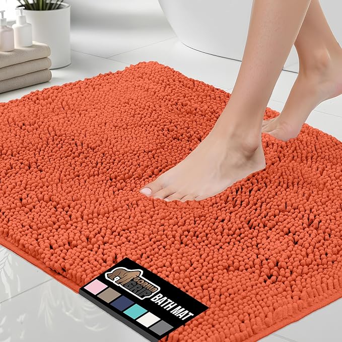 GORILLA GRIP Bath Rug Mat 44x26, Thick Soft Absorbent Chenille, Quick Dry Microfiber Mats, Rubber Backing Washable Shower Floor Rugs, Bathmat Runner, US Designed Bathroom Home Decor Accessories Coral