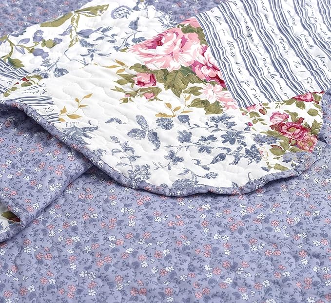 Brilliant Sunshine Rose Violet Patchwork, 2-Piece Quilt Set with 1 Sham, Reversible Bedspread, Soft Lightweight Coverlet, All-Season, Twin, Rose Violet