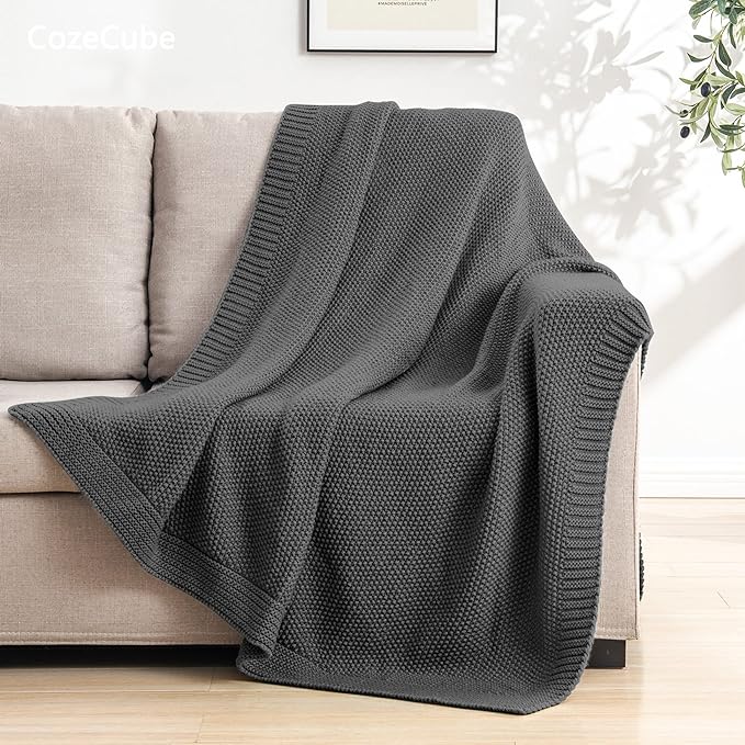 CozeCube Dark Grey Throw Blanket for Couch, Soft Cozy Cable Knit Throw for Bed Sofa Living Room, Lightweight Warm Decorative Farmhouse Christmas Blanket, 60"x80", Charcoal Grey