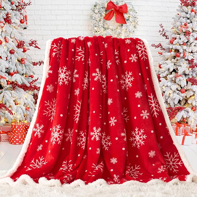 Touchat Christmas Throw Blanket, Red Sherpa Christmas Blankets, Fuzzy Fluffy Soft Cozy Blanket, Fleece Flannel Plush Microfiber Blanket for Couch Bed Sofa 60" X 80",Snowflake