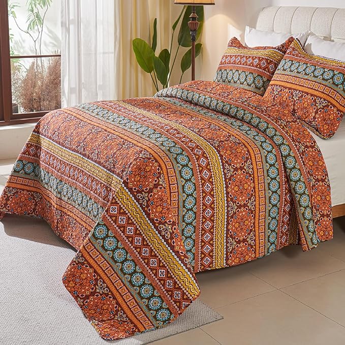 Cmfshape Orange Quilt Sets Bedspread Set 100% Cotton Boho Bedding Set, All Season Use Lightweight Reversible Coverlet Quilts with 2 Pillow Shams(Queen 92"x96")