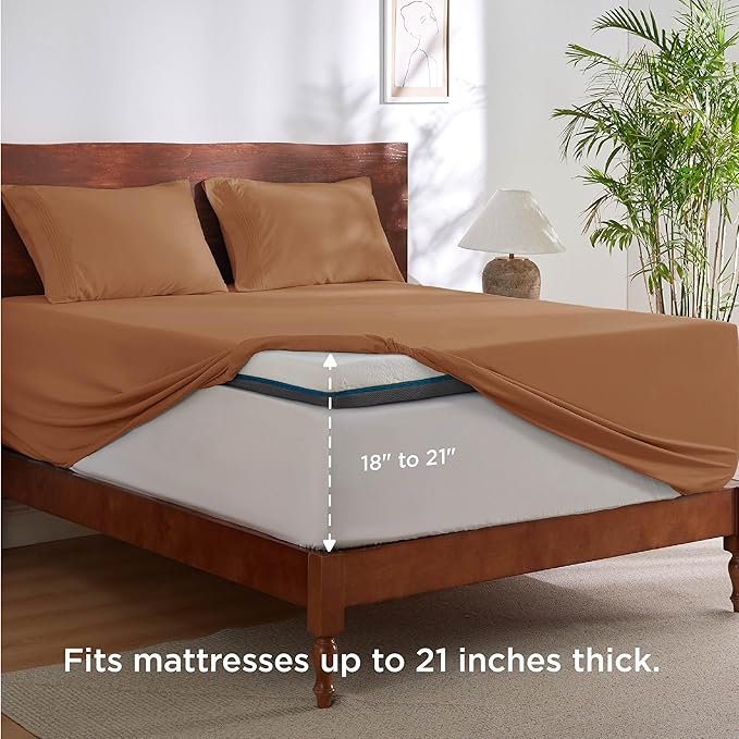 Bedsure Deep Pocket King Sheet Set - Fits Mattresses Up to 21 Inches Thick - 4 Piece GentleSoft Bed Sheets, Moisture Wicking, Soft & Cooling Bedsheet & Pillowcases, Easy & Secure Fit, Burnt Orange