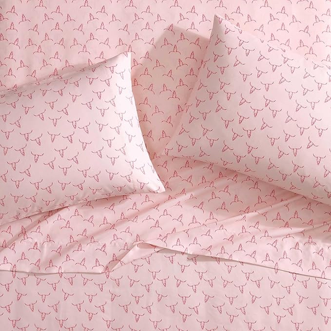 Wrangler - Queen Bed Sheets, Ultra-Soft & Lightweight Bedding with Matching Pillowcases, Lightweight Bed Set for All Season Comfort, Oeko-Tex Certified (Steer Skulls Pink)