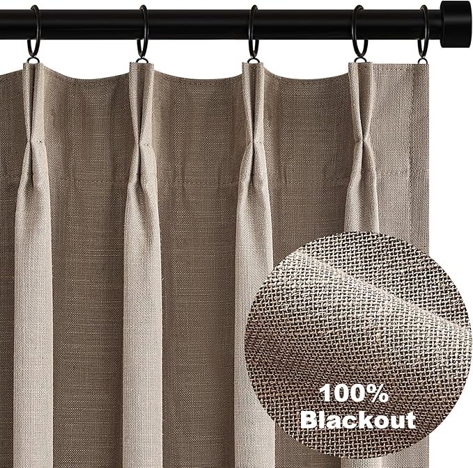 Topfinel 102 Inches Long Custom Blackout Linen Curtains, Pinch Pleated Noise Cancelling Curtains with Pin Hooks for Traverse Rods, Earth Tone Viral Drapes 2 Panels for Living Room Master Bedroom