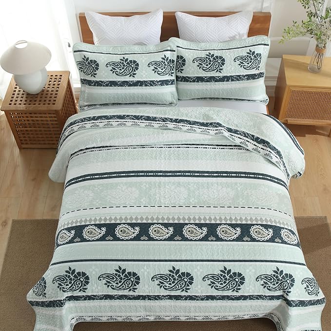Green Quilt King Size, Cotton King Size Comforter Set, Striped Pattern Bedding, Green King Bedspread, Lightweight Reversible Coverlet All Season