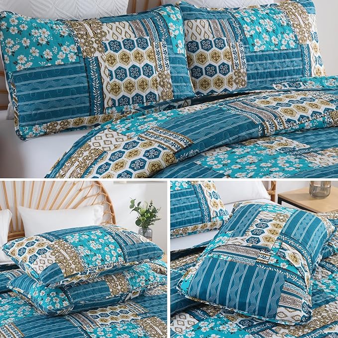 Mybedsoul Dusty Blue Quilt Set King Size, 3 Pieces Plaid Floral Bedspread Set Patchwork Reversible Bedding Set Microfiber Lightweight Bedspread Coverlet Set for All Season 110"x90"