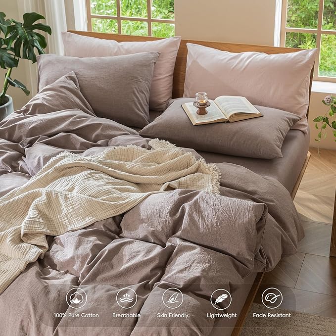 MooMee Bedding Duvet Cover Set 100% Washed Cotton Linen Like Textured Breathable Durable Soft Comfy (Heathered Mauve Brown, Super King Plus 120"x120")