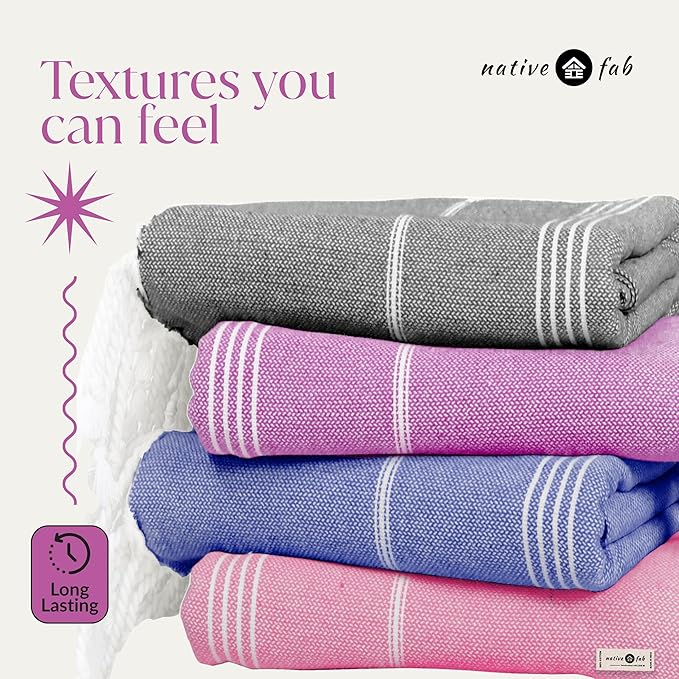 Native Fab Oversized Turkish Towels 4 Pack, Quick Dry, Lightweight, Durable, Absorbent, Sand Resistant, Multipurpose for Pool, Bath, Spa, Travel, Summer - Pink, Magenta, Indigo Blue, Grey