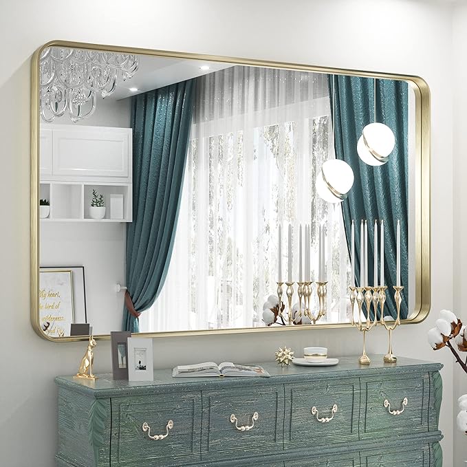 TETOTE 55 x 36 Inch Bathroom Mirror, Brushed Brass Gold Vanity Mirror, Modern Rectangle Metal Frame Decorative Wall Mirror for Entryway Shatterproof (Horizontal/Vertical)