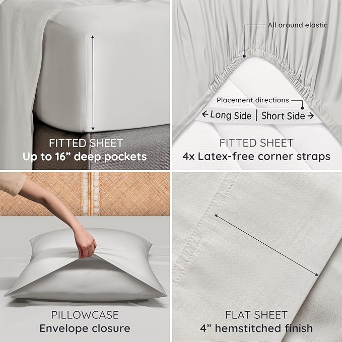 Bambaw King Sheet Set 6pcs – 100% Viscose Derived from Bamboo Sheets King Size Deep Pocket, Fits Up to 16'' with Elastic Corner Straps, Soft Cooling Sheets for Hot Sleepers (Moonlight Gray)