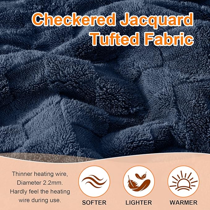 Electric Heated Blanket Full Size - Jacquard Checkered Sherpa 72"x84" Fast Heating Bed Blankets with 6 Heating Levels & 10 Hours Auto Off, Over-Heat Protection ETL, Navy Blue