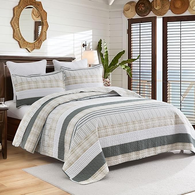 Homzard Quilt King Size - Cotton King Size Comforter,Beige Grey Plaid Bedding Set,Striped Bedspread Set(106 * 98 Inches),3 Piece