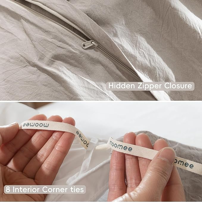 MooMee Bedding Duvet Cover Set 100% Washed Cotton Linen Like Textured Breathable Durable Soft Comfy (Solid Light Tan, King 104"x90")