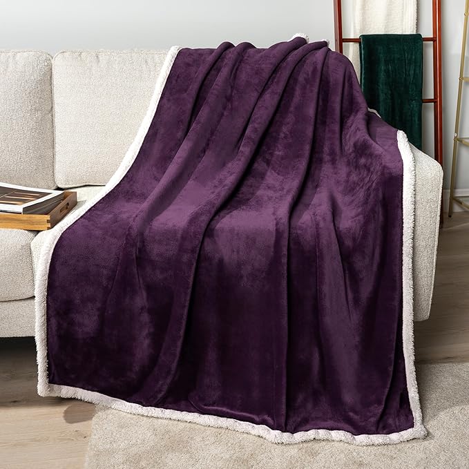 PAVILIA Sherpa Fleece Throw Blanket for Couch, Purple, Plush Soft Fuzzy Sofa Blanket, Cozy Reversible Winter Throw for Women Men, 50x60 Inches