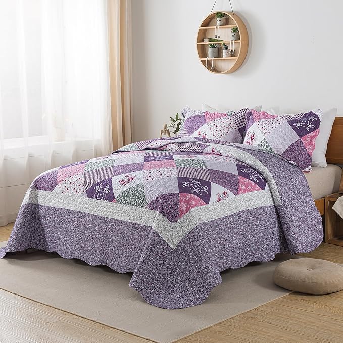 HoneiLife Oversized King Quilt 120x120-3 Pcs California King Bedspreads, Extra Large Quilt Sets All Season Use,Rustic Bedding Sets King Size,Reversible Coverlet Microfiber Bed Quilts, Purple