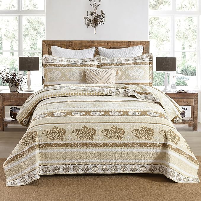 Bedding Set, King Size Quilt, Cotton Bedding Comforter Sets, Brown Taupe Striped Pattern Bed Set, Lightweight Reversible Bedspreads, Machine Washable Coverlet Neutral 3 Pieces