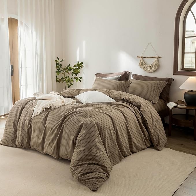 Stripe Duvet Cover King Size 104inch x 90inch,100% Washed Cotton Pinstripe Duvet Cover with Zipper Closure and 2 Pillowcases, Color of Light Camel-Black Stripe