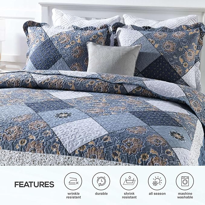 ENJOHOS Navy Blue Plaid Floral Quilt Set King Size 98"x106", 3 Pcs Boho Bedspread Coverlet Set for All Season, Patchwork Reversible Bedding Set King
