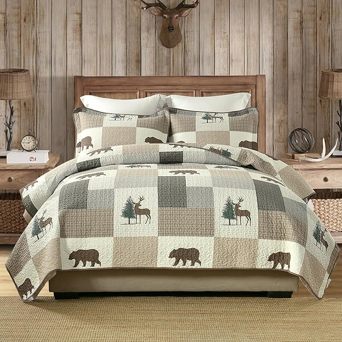 Uniclinens Plaid Quilt Set King Size, 100% Cotton Patchwork Quilts, Brown Farmhouse Lightweight Quilted Comforter, Soft Rustic Bedspread, 3 Pieces Set with 2 Pillowshams, Beige/Brown/Gray