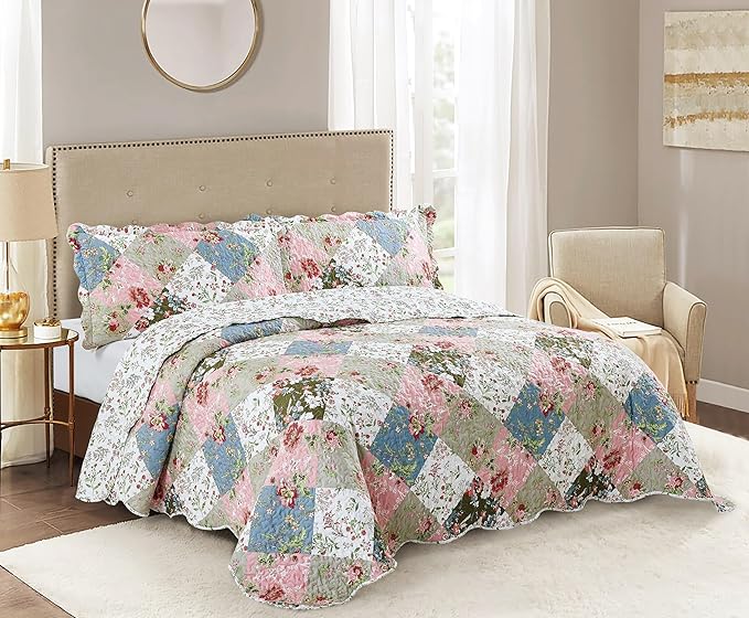 Brilliant Sunshine Peach and Olive Flowers Patchwork, 3-Piece Quilt Set with 2 Shams, Reversible Bedspread, Soft Lightweight Coverlet, All-Season, King, Peach Olive