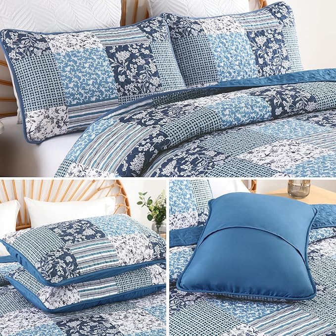 Mybedsoul Navy Blue Quilt Set Queen Size, 3 Pieces Plaid Floral Bedspread Set Patchwork Reversible Bedding Set Microfiber Lightweight Bedspread Coverlet Set for All Season 96"x90"