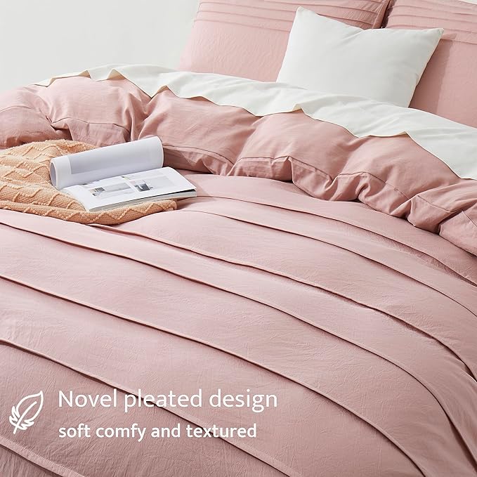 Oli Anderson Misty Rose Duvet Cover Queen Size - Pleated Queen Duvet Cover, 3PCS Soft and Breathable Textured Bedding Set with Zipper Closure(Misty Rose,90"x90")