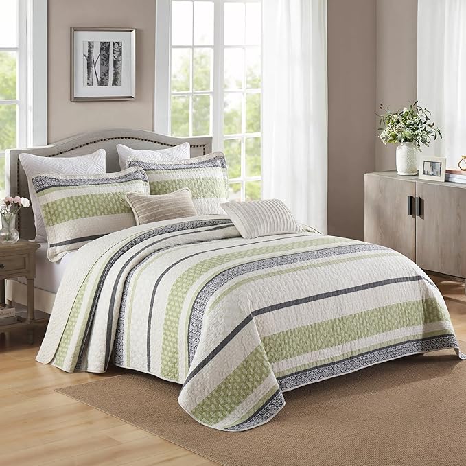 Homzard Quilts Queen Size,Cotton Queen Comforter Set,Green Beige Grey Quilt Bedspread Set,Striped Bedding,Cotton Lightweight Bed Comforter All Season 3 Piece