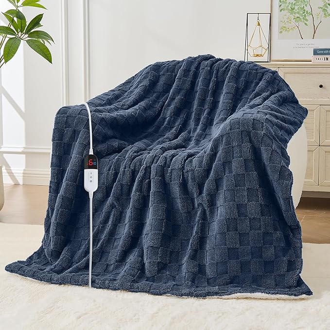 Electric Heated Blanket Full Size - Jacquard Checkered Sherpa 72"x84" Fast Heating Bed Blankets with 6 Heating Levels & 10 Hours Auto Off, Over-Heat Protection ETL, Navy Blue