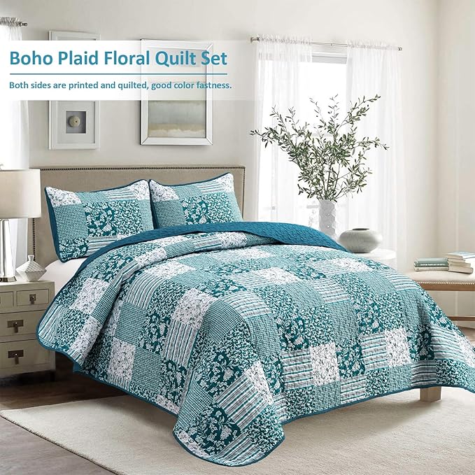 Mybedsoul Teal Blue Quilt Set Queen Size 3 Pieces Boho Plaid Turquoise Floral Bedspread Set Microfiber Lightweight Bohemian Bedding Bedspread Coverlet Set for All Season 90"x96"