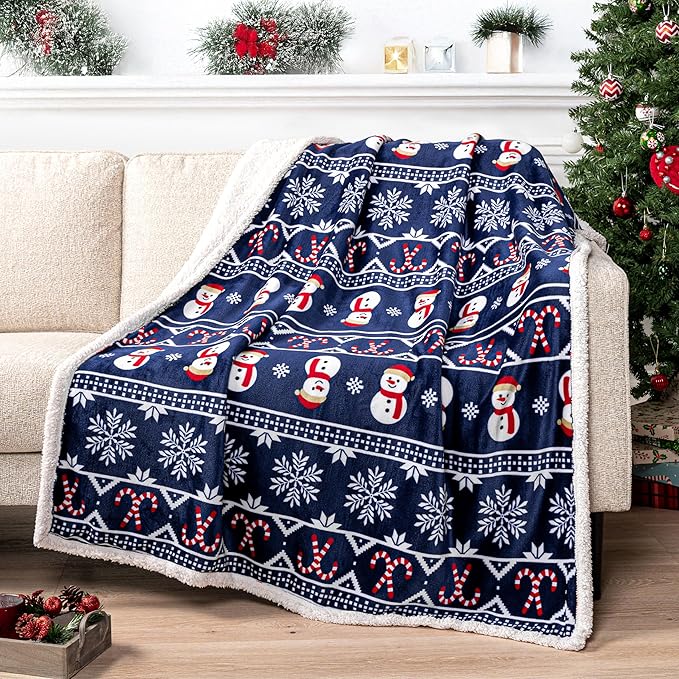PAVILIA Premium Christmas Sherpa Throw Blanket | Christmas Decoration Gift, Fleece, Plush, Warm, Cozy Reversible Microfiber Holiday Blanket | Blue Christmas - 50x60