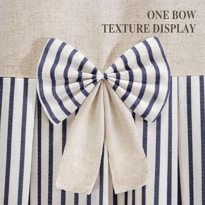Farmhouse Shower Curtain Linen Bow Woven Fabric Country Rustic Western, Pleated Blue Stripe 72" W x 72" L