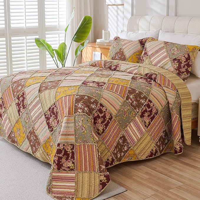Cmfshape Floral Quilt Sets Bedspread Set 100% Cotton Patchwork Bedding Set, All Season Use Lightweight Reversible Coverlet Quilts with 2 Pillow Shams(Queen 92"x96")